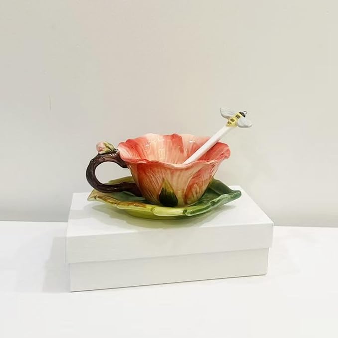 Ceramic Pansy Coffee Cup and Saucer Set with Spoon,6OZ 3D Hand-Painted Flower Tea Mug,Gift for Women (Red)