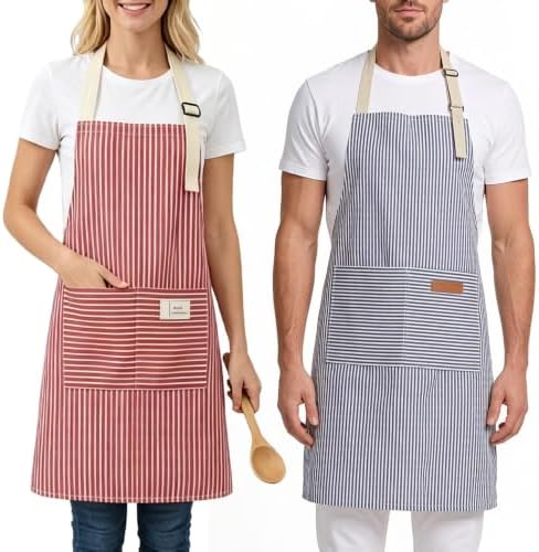 Chef Apron Bib Apron with 2 Large Pockets Adjustable Neck Strap Kitchen Apron Cooking Apron Stripes Baking Apron - Image 7