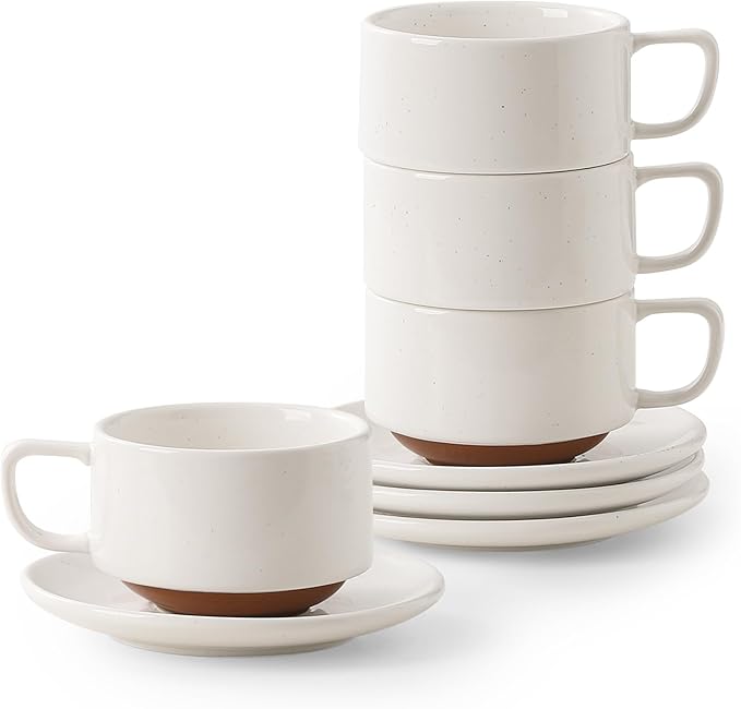 DOWAN 5oz Coffee Cups and Espresso Cups, Stackable Coffee Cup and Saucer Set of 4, Ceramic Tea Cup Set for Latte and Tea