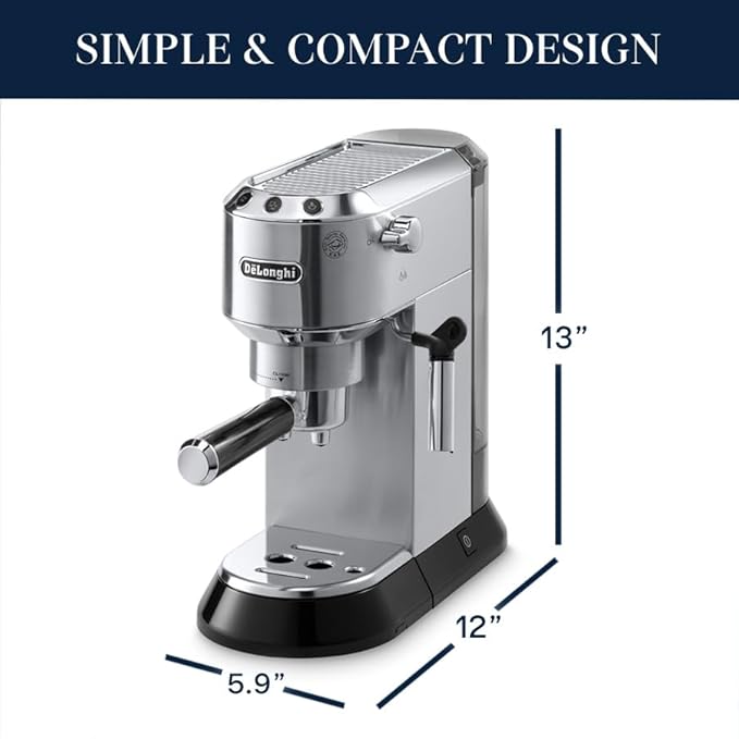De’Longhi Dedica Espresso Machine with Manual Milk Frother, 15-Bar Pump & Adjustable Tray - Home Barista Coffee Maker for Espresso, Latte, Cappuccino & Iced Coffee - Italian Stainless Steel Design