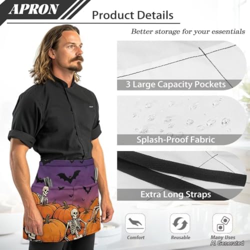 Server Apron with 3 Pockets 13 Inch Short Half Waist Aprons Waterproof Cooking Aprons for Women Men - Image 6