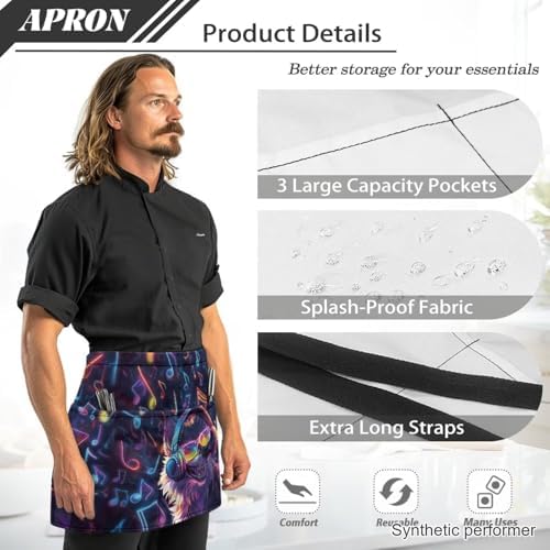 Server Apron with 3 Pockets 13 Inch Short Half Waist Aprons Waterproof Cooking Aprons for Women Men - Image 6