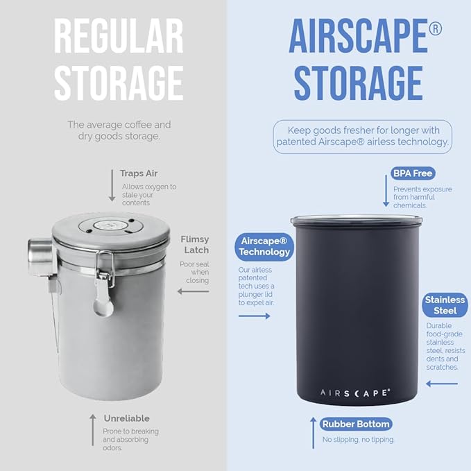 Planetary Design Airscape Stainless Steel Coffee Canister | Food Storage Container | US Patented Airtight Lid | Push Out Excess Air Preserve Food Freshness (Medium, Matte Red)