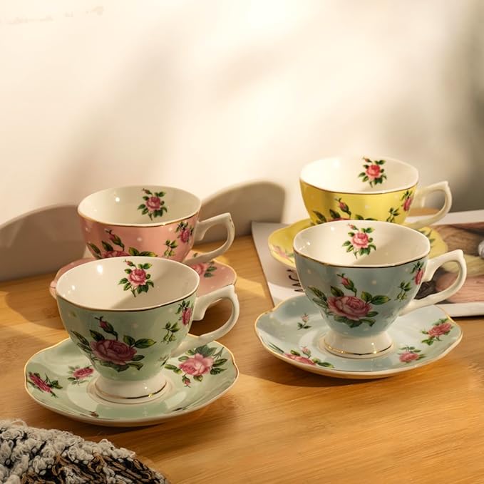 BTaT- Floral Tea Cups and Saucers, Set of 4, 8 oz, Fine Porcelain Teacup Set with Gold Trim for Afternoon Tea, Weddings, Parties & Gifting, Dishwasher Safe, Lightweight, Non-Toxic