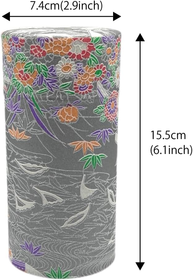 Japanese Tea Canister Tin Waterside Flowers Silver Color/Double Lid/Japanese Washi Paper Pasted /200g Tea Capacity/Loose Leaf Tea Storage/Storage Container with Lid