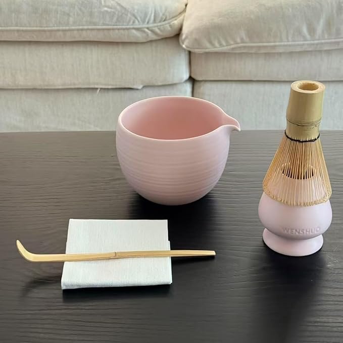 Matcha Whisk Set, Ceramic Matcha Bowl & Whisk Holder, Bamboo Accessory, Modern Design (Matte Crème, Pouring Spout) (Matte Soft Pink)