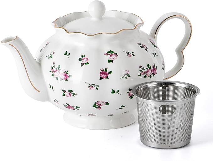 Floral Teapot with Infuser, 33oz, Ceramic Tea Pot with Tea Strainers for Loose Leaf Tea, Rose Teapots for Tea Party, New Bone Porcelain Teapot