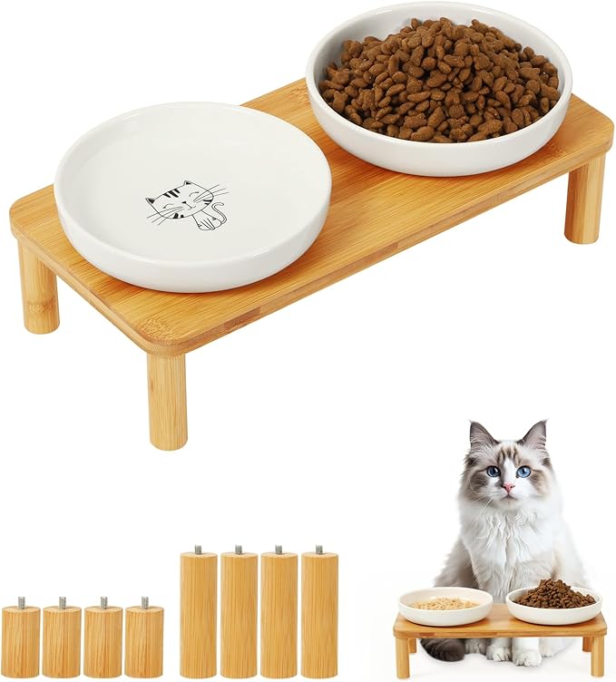 Elevated Cat Bowls for Indoor Cats – Raised Bamboo Cat Food Table with 2 Ceramic Dishes, Adjustable Height (4.25"/3.07"), Whisker Friendly Feeding Station
