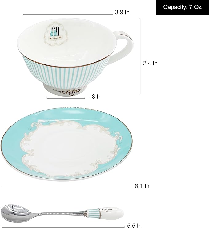 Vintage Ceramic Teacup Elegant Coffee Cup with Spoon and Saucer Set,Royal Bone China Tea Cups (Stripe)