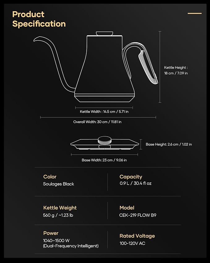 Cocinare Barista Collection Gooseneck Electric Kettle, ±1℉ Precise Temperature Control for Pour-Over Coffee & Tea, Quick Heating 1500W, Stainless Steel Interior, 0.9L (Gustav Gold)