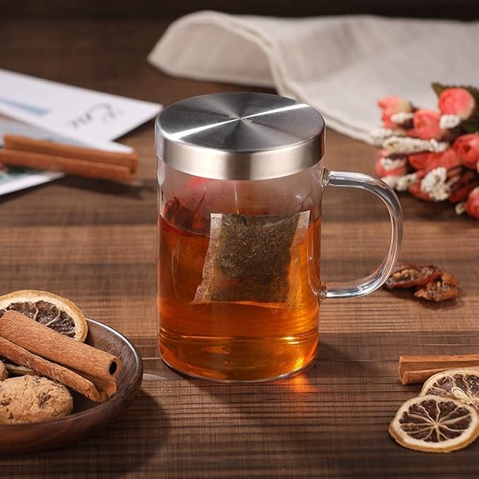 ecooe 16.9 Oz Borosilicate Glass Tea Mug Cup Tea Glasses with Stainless Steel Infuser & Lid, Loose Leaf Glass Tea Cup Teacup 430mL(Use Capacity)