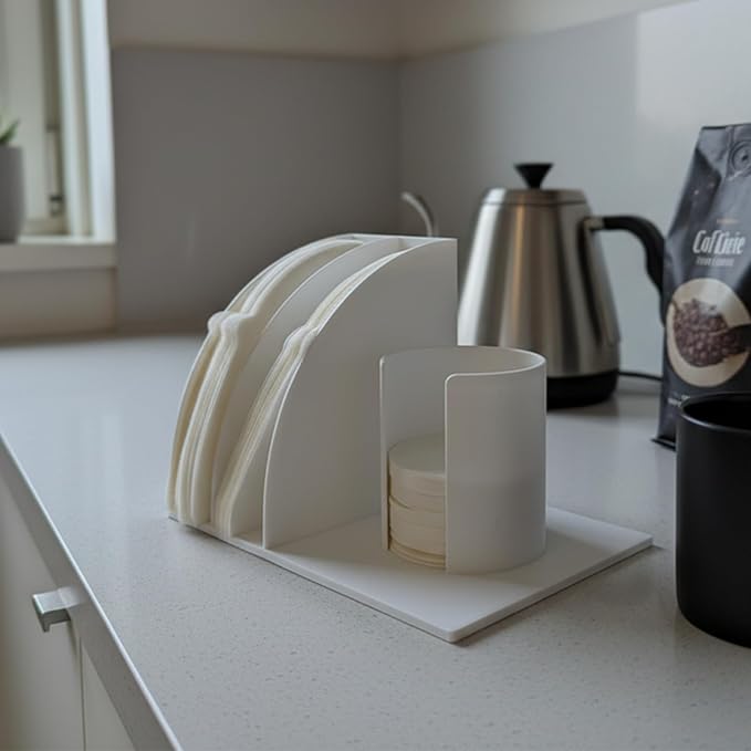 Coffee Filter Holder for AeroPress/V60, Slim Base with Expanded Slot for Multiple Filters, Second Slot Fits for 02 Filters, Durable & Space-Saving Kitchen Accessory (White)