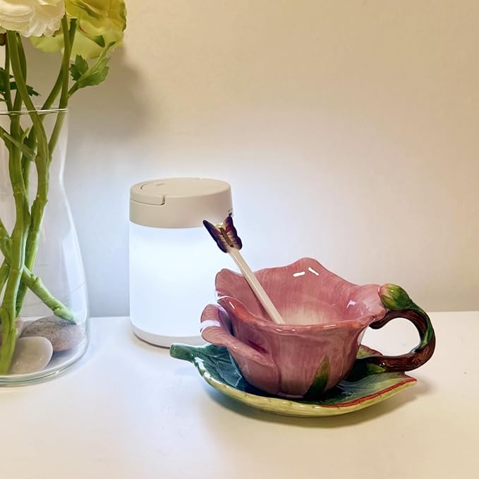 Ceramic Tea Cup and Saucer Set ,6OZ 3D Hand-Painted Flower and Lotus Leaf Coffee Mug,Gift for Women- Dark Pink Rose