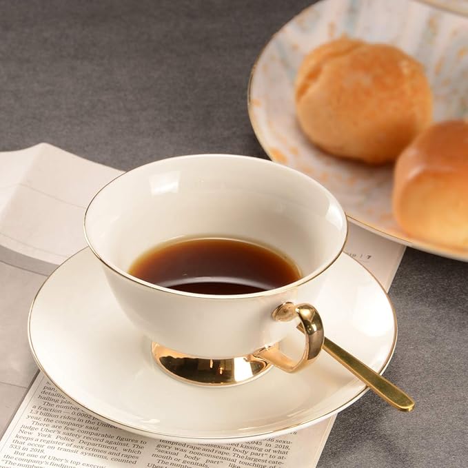 British Coffee Cup with Saucer and Spoon for Latte Americano Cups with Saucer Porcelain Tea Cups, Cups and Saucers with Gold platted rims and Handles