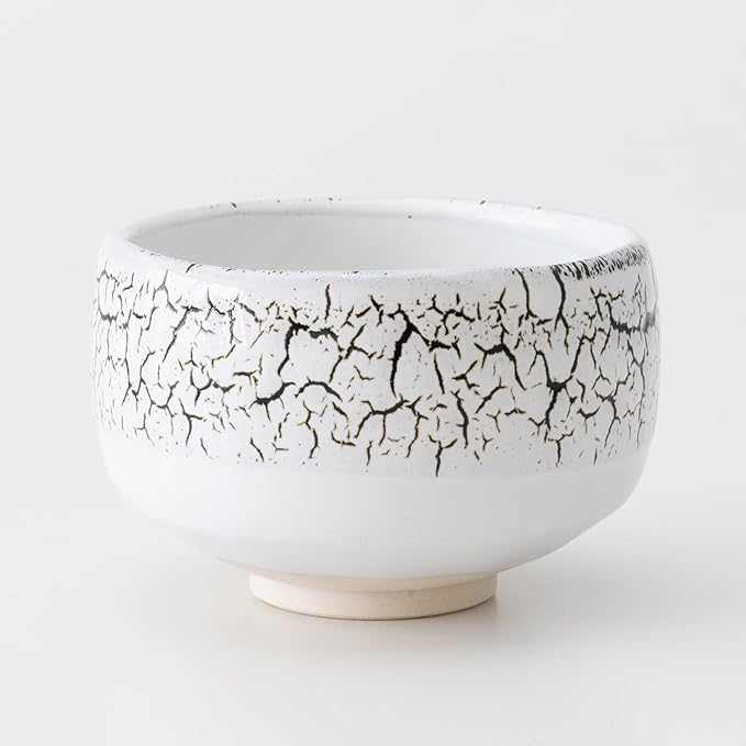 Asayu Japan Midorizumi Matcha Bowl - Handmade Gifu Japan Ceramic Chawan, 12 cm (4.72″) Diameter x 7.3 cm (2.87″) Height, 415 g - White with Dark Green Crackle Pattern