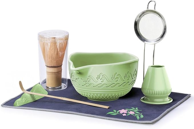 Blue Green Matcha Whisk Set: Ceramic Matcha Kit with Bamboo Chasen & Bowl - Frothy Tea Ceremony, Romantic Morning Ritual - Valentine's Gift for Beginners & Experts
