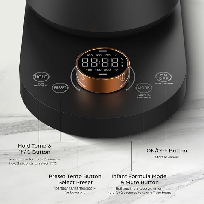 Electric Gooseneck Kettle with Temperature Control, 0.8L Pour Over Coffee, ±1°F Precision Heating, 7 Presets, Stainless Steel Inner, Electric Tea Kettle with 2H Keep Warm, Matte Black