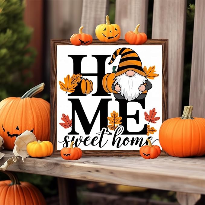 Rustic Home Sweet Home Wooden Sign, With Frame Farmhouse Fall Gnome Plaque Sign for Home Kitchen, Cafe, Bar, Garage Halloween Decor, Harvest Festival Decor 7.87x7.87 Inch - Image 7