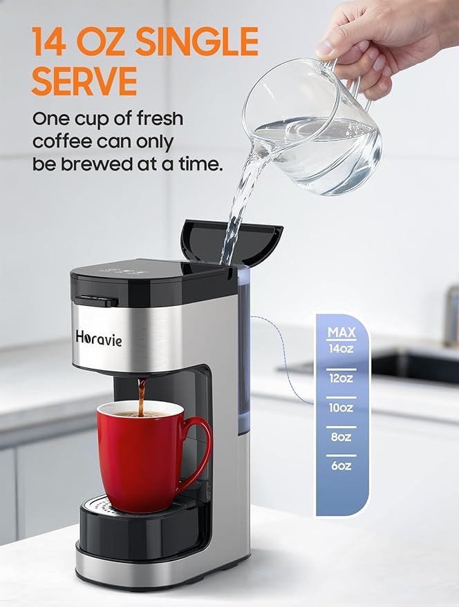 Single Serve Coffee Maker, Hot and Iced Coffee Maker for K Cup and Ground, 6 to 14 Oz Brew Sizes Single Cup Coffee Maker with Descaling Alert, Ideal for Home, Travel, RV and Dorm,Black