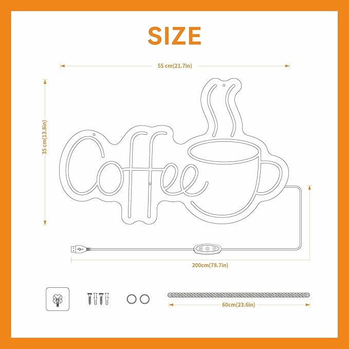 LED Coffee Neon Sign for Cafe, Acrylic Light Up Coffee Bar Sign 21.7x13.8 Inch, 10 levels USB Dimmable for Coffee Shop Internet Lounge Wall Decor (Warm White)
