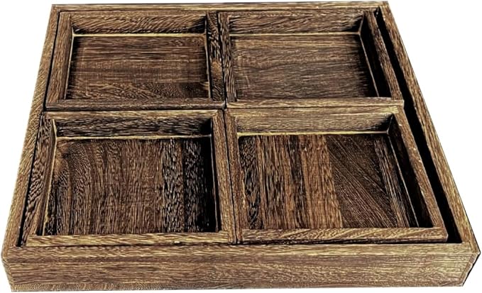 5-Piece Rustic Wooden Serving Tray Set, Handcrafted Nesting Trays with Handles for Ottoman & Coffee Table Decor, Lightweight Paulownia Wood Food Trays for Kitchen, Outdoor Picnic & Parties