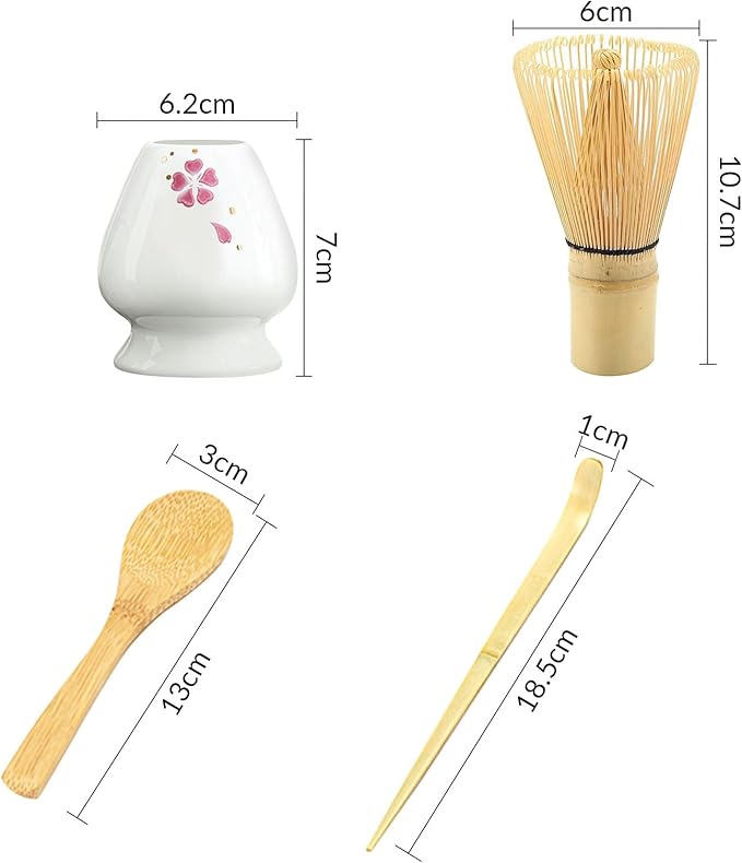 Traditional Japanese Matcha Tea Whisk Set, 4 Piece Bamboo Ceremonial Kit with Ceramic Holder (Four-leaf clover red)