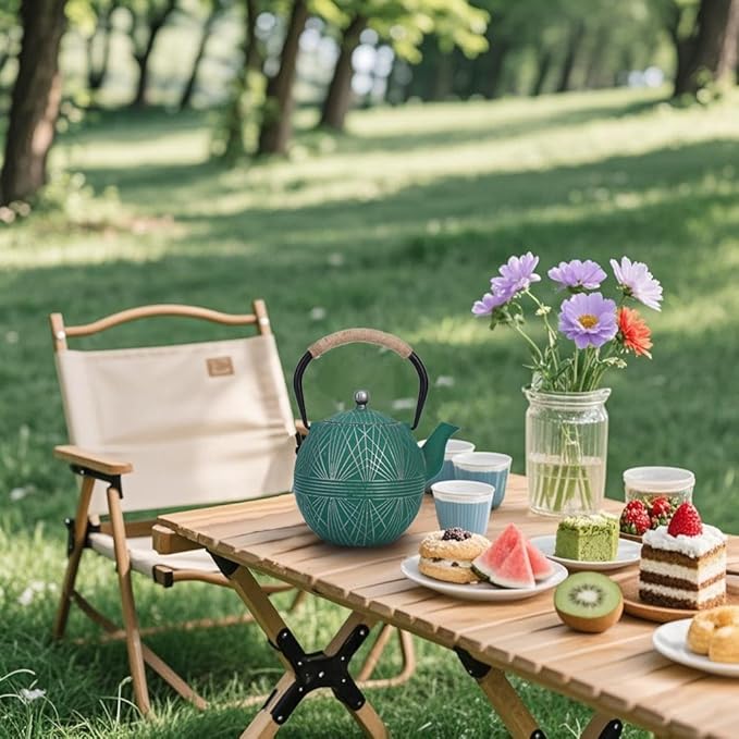 Enameled Cast Iron Teapot 34oz(1000ml) - Japanese Style Kettle with Removable Stainless Infuser & Ergonomic Handle, Stovetop Safe for Loose Leaf Tea Green and silver (Green and silver)
