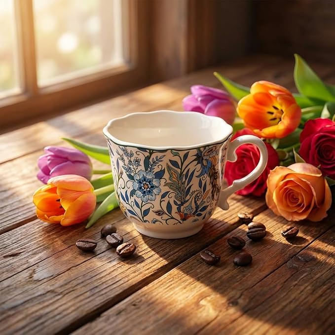Bone China Tea Cup and Saucer Set with Spoon,Elegant Floral Tea Cup Set (7 oz),British Coffee Latte Mug for Mother's Day Gifts