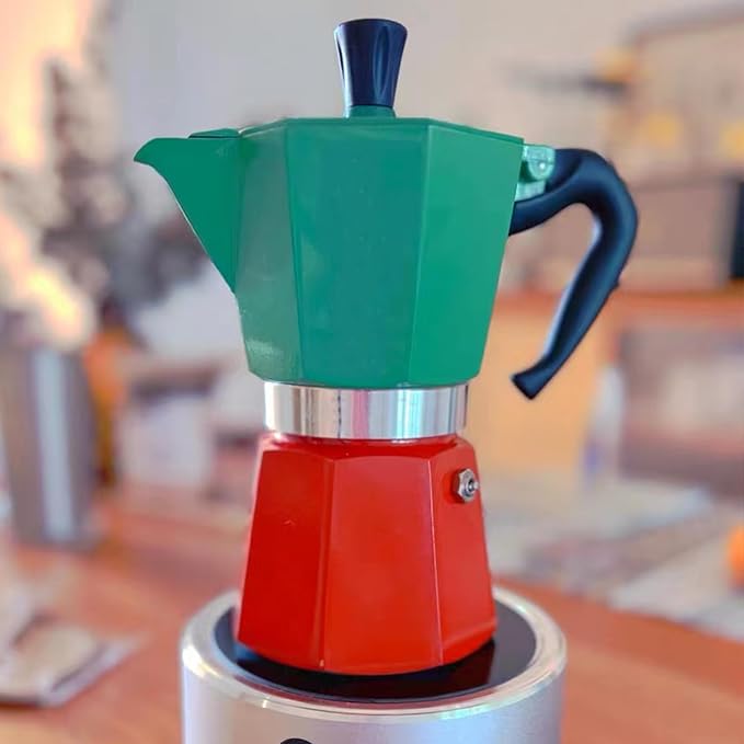 Coffee Pot, Moka Pot Italian Coffee Maker 6 cup/10 OZ Stovetop Espresso Maker for Gas or Electric Ceramic Stovetop Camping Manual Cuban Coffee Percolator for Cappuccino or Latte- Green+Red