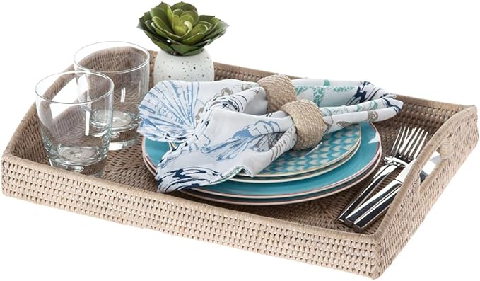 Kouboo, La Jolla Rattan Rectangular Serving Tray, 18 x 13.5 x 2 inch, White Wash