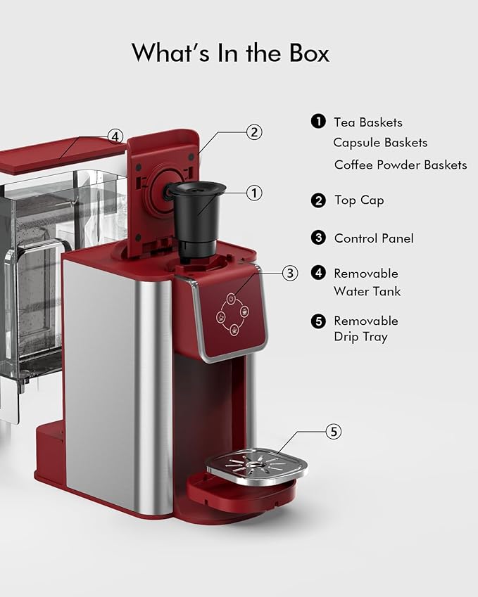 SIFENE KC101 3-in-1 Single Serve Coffee Maker, Compact & Portable, Compatible with K-Cup Pods Only, Ground Coffee & Tea, Fast Brew in 60 Seconds, 50oz Removable Reservoir, Easy to Clean, Red
