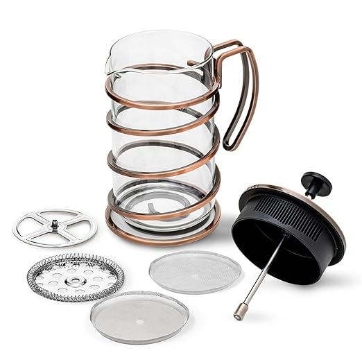 OVENTE French Press Coffee Maker 34 Ounce with Heat Resistant Borosilicate Glass, Stainless Steel Design and 4-Level Filter System, Portable Cold Brewer Pot for Travel, Camping or Gift, Copper FSW34C