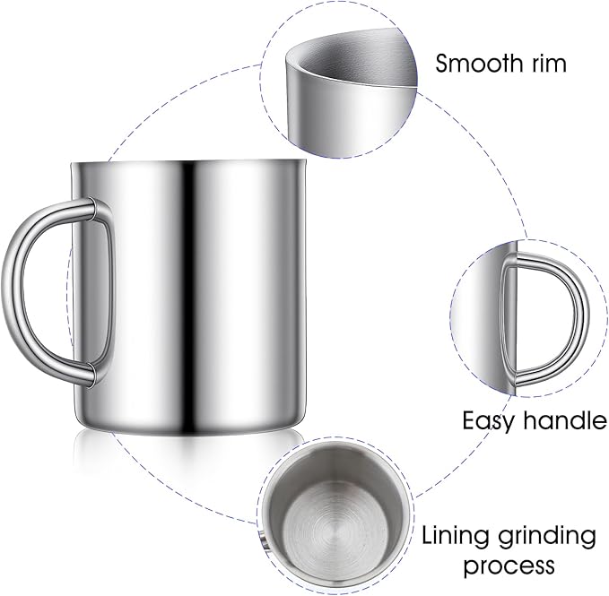 4 PCS Stainless Steel Cups Mit Handle, 10oz/300ml Metal Double Walled Cups Anti Scalding Insulated Mugs Reusable Metal Cup Tumbler for Home Camping Travel Outdoors Coffee, Milk,Tea and Cold or Hot