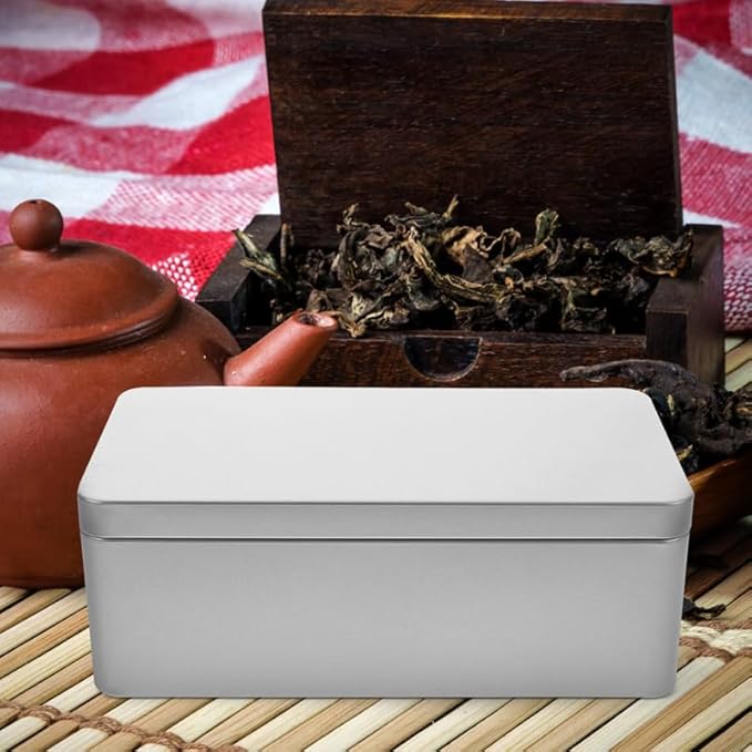 Rectangular Tinplate Tea Box with Lid 9.25 Inch Metal Storage Container for Loose Leaf Tea Bags Kitchen Organization and Wedding Candy Storage