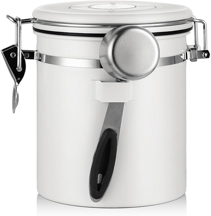 Bincoo Coffee Canister, Airtight Stainless Steel Coffee Bean Storage Container with Date Tracker, Home Kitchen Food Storage Organizers for Grounds,Beans,Espresso,Sugar,Scoop,Bar (1200ML-White)