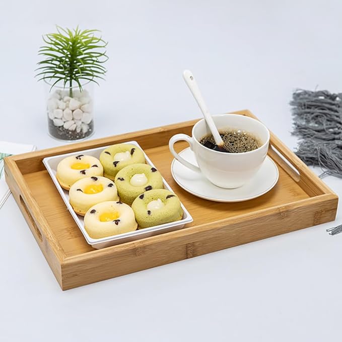 RT&BS Bamboo Tray, Bamboo Barbecue Tray with Handles, Bamboo Tea Trays, Basket Trays for Food, Drinks, Decor, Vanity in Kitchen, Dining Room, Restaurant, Bar, Cafés, Bathroom