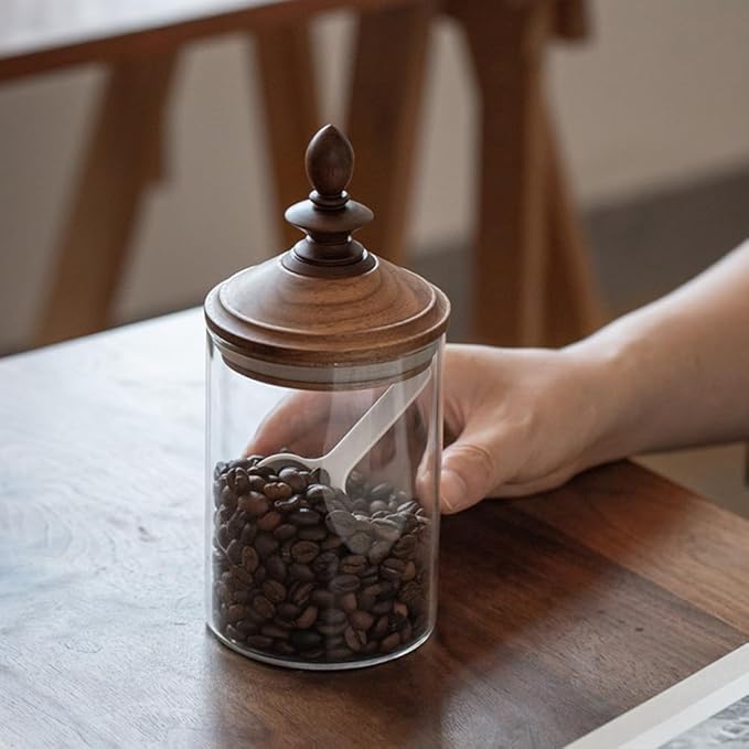 Glass Coffee Bean Jar, Airtight Retro Wooden Lid, Clear Container with Spoon, Kitchen Storage Canister for Tea, Spice, and More/550ml