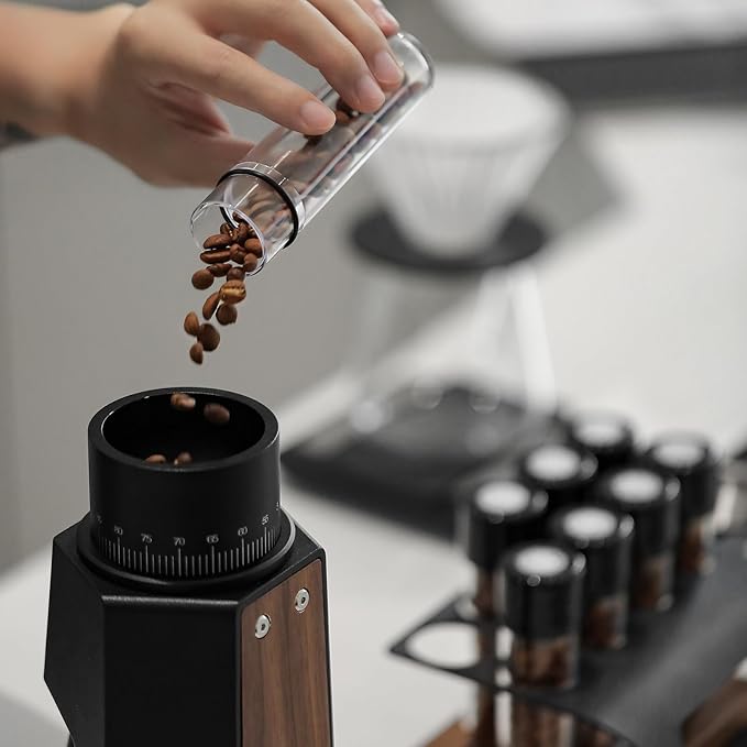 MHW-3BOMBER Single Dose Coffee Bean Storage Tubes, 8 pcs, Coffee Bean Cellars with One-Way Exhaust Valve,Espresso Dosing Vials with Walnut Stand & Hopper, C5152-OS