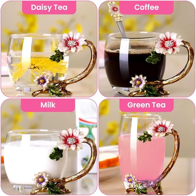 The Pure Embrace Flower Glass Tea/Coffee Cup, Gift for Mom, Birthday Gift for Women, Lead-Free Enamel Glass with Spoon (Small)