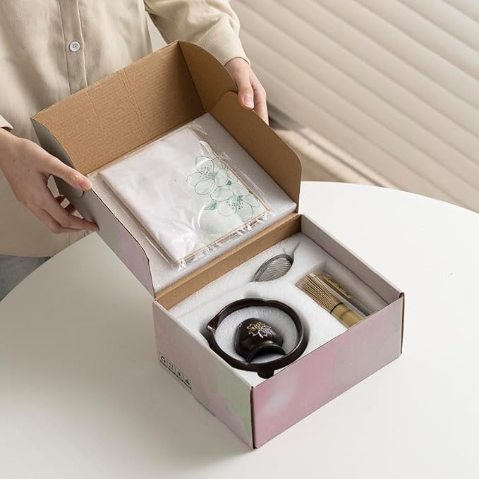 Japanese Matcha Tea Set with Hand-Painted Cherry Blossoms, Ceramic Matcha Bowl, Bamboo Whisk & Scoop – Traditional Tea Ceremony Kit, Gift Box Included