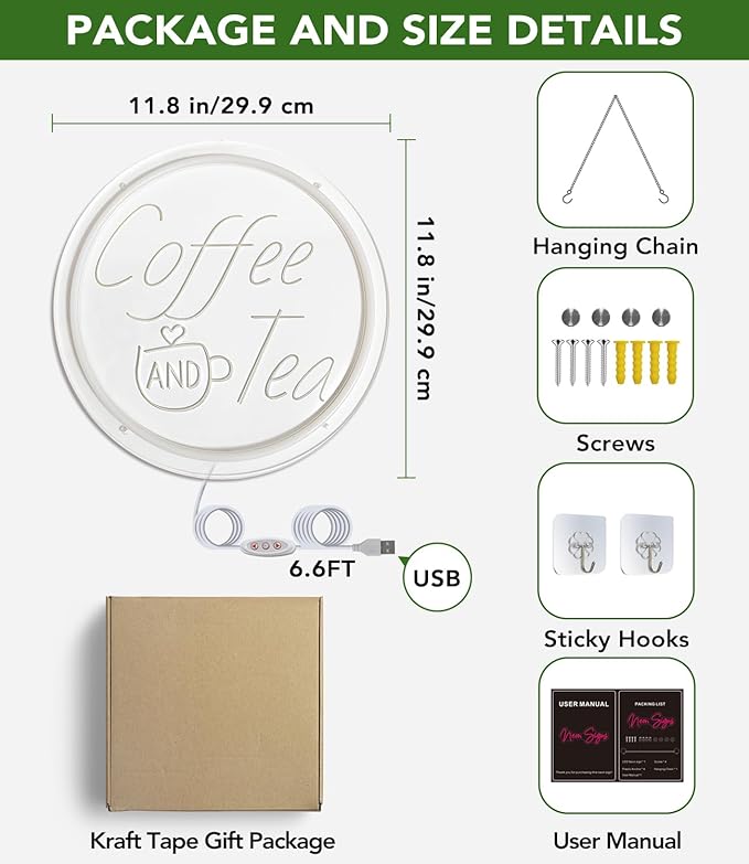 Coffee and Tea Neon Light Sign for Station Bar, Coffee & Tea Light Up Sign for Wall Decor Dimmable, Round 3D Carved Cafe LED Neon Sign for Kitchen, Shop, Home, Club Counter for Gift