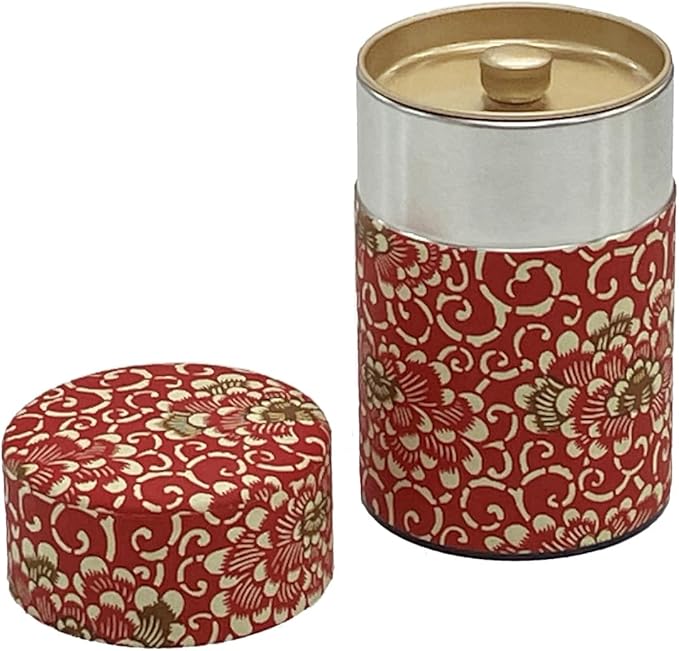 Washi Paper Tea Tin Canister: Long 5.3oz (150g) Fiery Chrysanthemum (#115), Japan