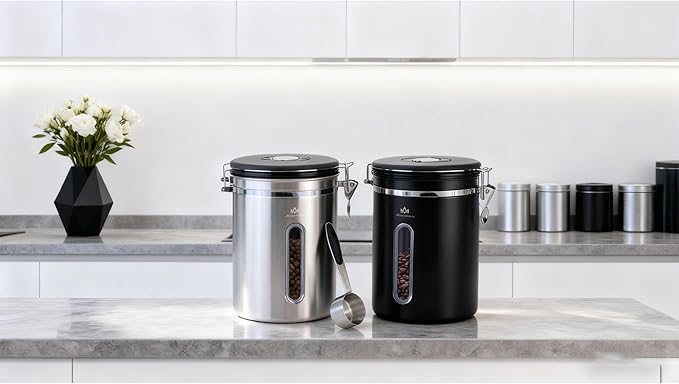 35OZ Airtight Coffee Canister with Lid - 304 Stainless Steel Kitchen Food Storage Container with Window, Date Tracker & Spoon, Suitable for Coffee Beans, Ground Coffee, Tea & Sugar