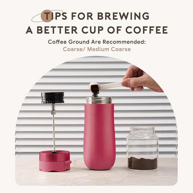 BENFUCHEN Travel Coffee Press, Vacuum Insulated Portable French Press, Stainless Steel Portable Coffee Maker/Tea Press, 12oz, Rose Red