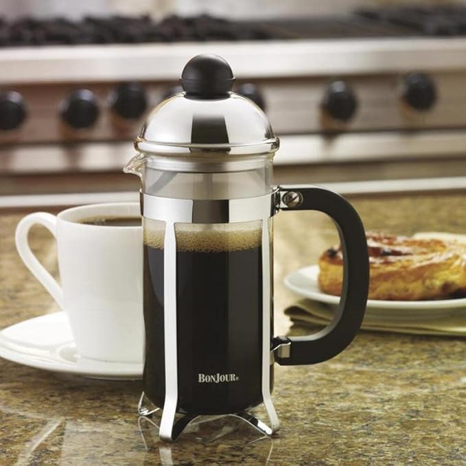 BonJour Coffee Stainless Steel French Press with Glass Carafe, 33.8-Ounce, Monet, Black Handle
