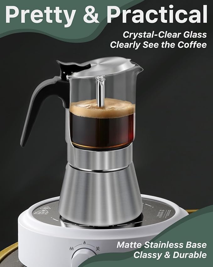 Grasseed Crystal Glass-Top Moka Pot, Polished Stainless Steel Stovetop Espresso Maker for Italian Coffee, Gift for Coffee Lovers - 9 Cup/360ml/12.6oz