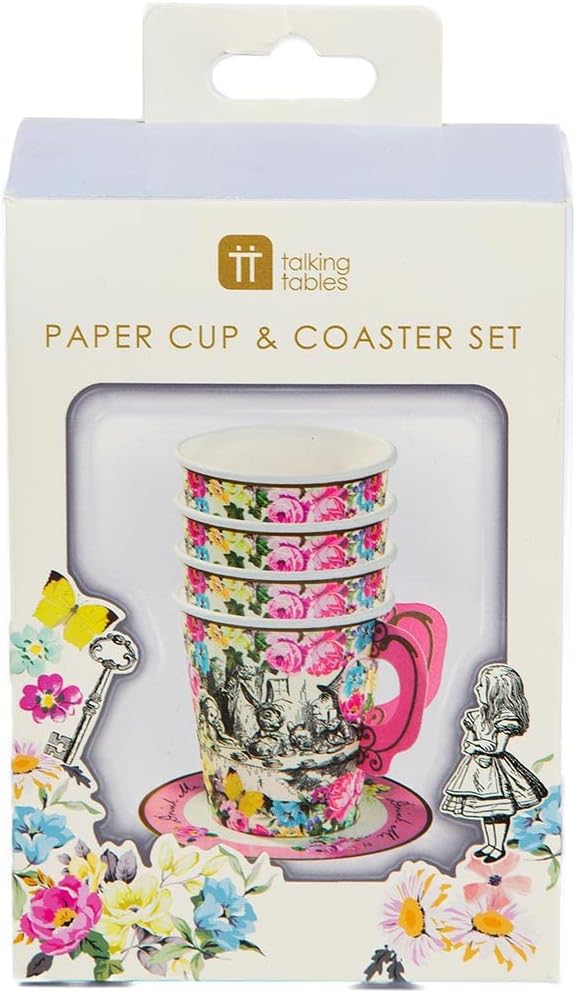 Talking Tables 12 x Alice in Wonderland Disposable Paper Teacup Set with Handle & Saucers Mad Hatter Afternoon Tea Party Table Decorations for Mother's Day, Onederland Birthday, Baby Shower, Wedding