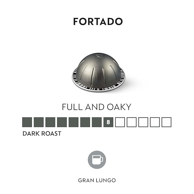 Nespresso Capsules Vertuo, Fortado Gran Lungo Americano, Dark Roast Espresso Coffee, 30 Count Coffee Pods, Brews 5.0oz.