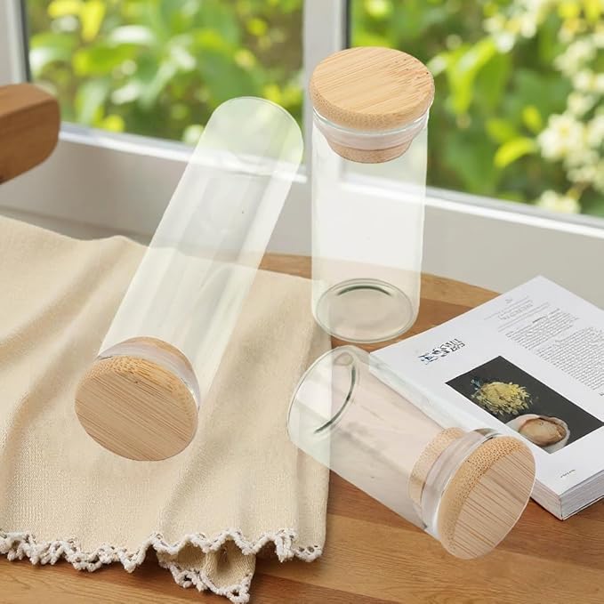 Cat Whisker Jars, 4 Pack Cat Whisker Jars with Bamboo Cover, Mini Glass Vase for Whiskers Cats Collector, Elegant Memorial Gift for Pet Lovers, 3 Sizes, Transparent