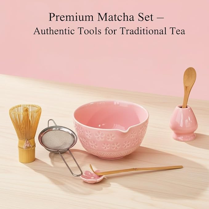 Matcha Whisk Set with Matcha Bowl, Matcha Bamboo Whisk, Scoop, Sifter, Matcha Whisk Holder Unique Gifts for Friend Home Kitchen Decor Gifts for Christmas, Birthday,Halloween (Pink)